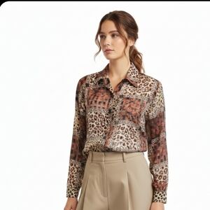 Ashley Stewart Animal Print Patchwork Long Sleeve Button up Size 20 Casual Retro